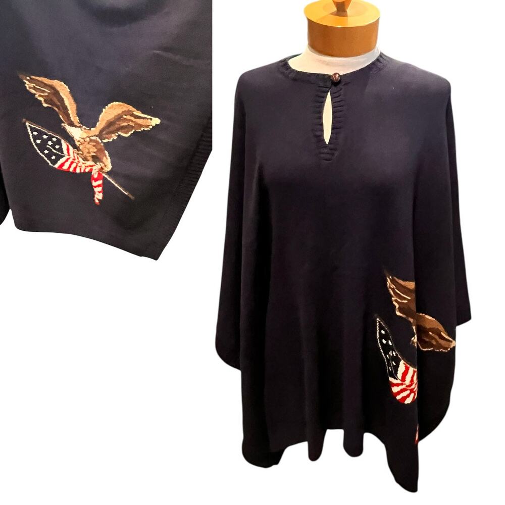 Vintage American Living Womens Cape Poncho Sweater Wrap Americana Blue OSFA